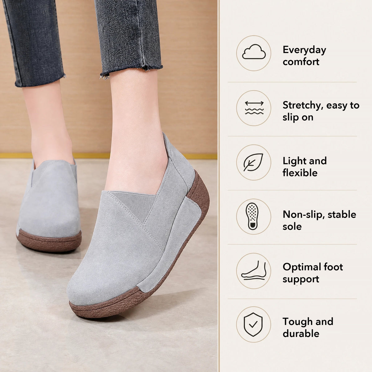 Women's suede leather loafers with thick sole in Light Gray, sole view Image