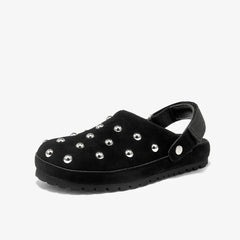Women's Suede Studded Clog Loafers with Lug Sole, Black