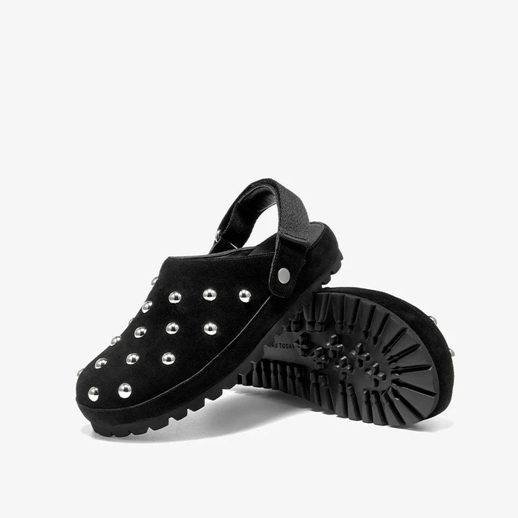 Women's suede studded clog loafer with lug sole, black version, view 5