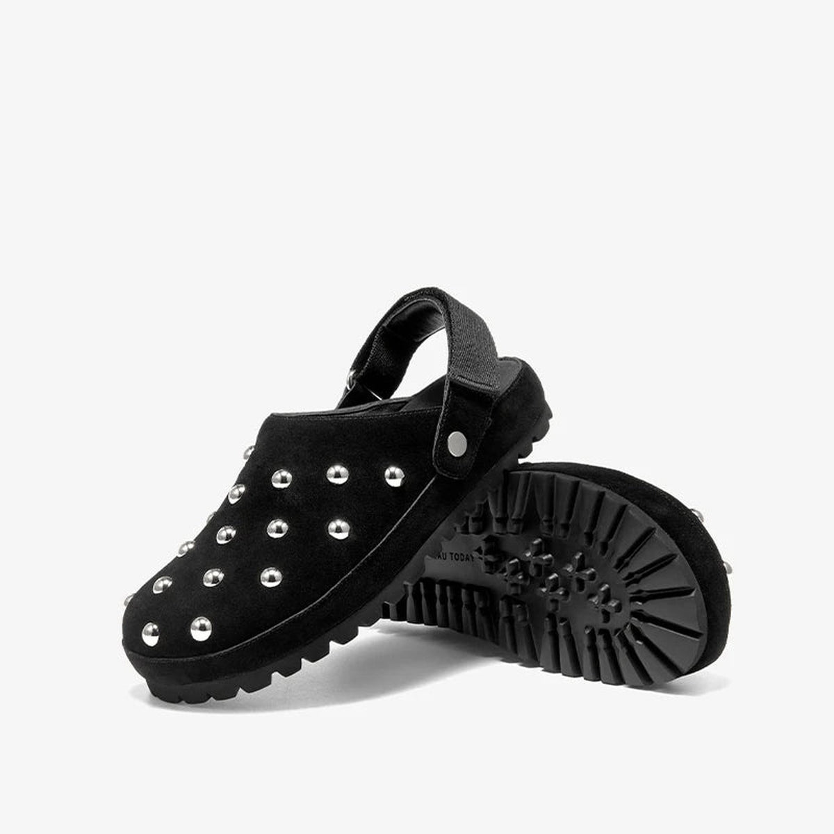 Women's suede studded clog loafer with lug sole, black version, view 5