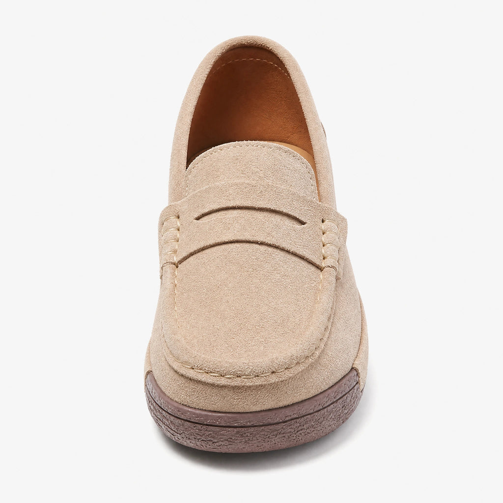 Women's suede wedge loafers with penny finish in Beige, front view