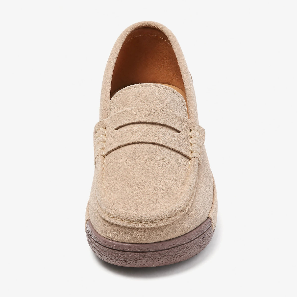 Women's suede wedge loafers with penny finish in Beige, front view Image