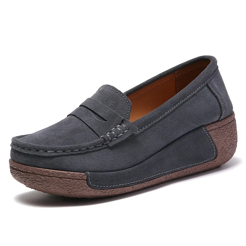 Women's suede wedge loafers with penny finish in Brown, side view