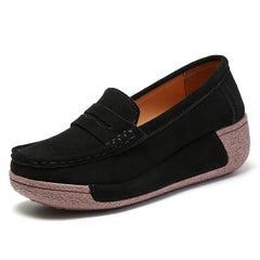 Women's Suede Wedge Loafers with Penny Finish, Black