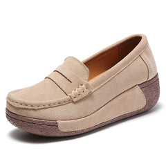 Women's Suede Wedge Loafers with Penny Finish, Beige