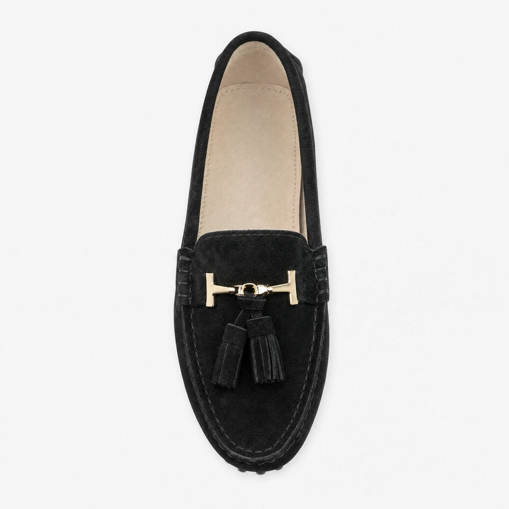 Women's leather tassel loafer with gold bit, black front view