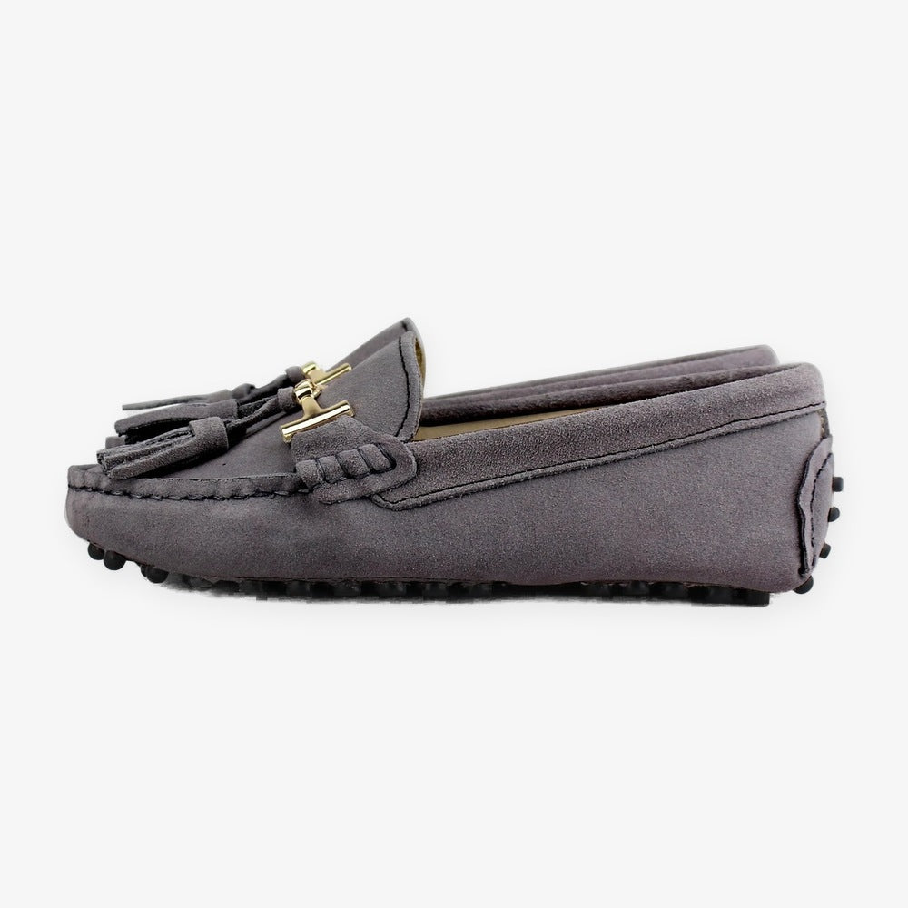 Women's leather tassel loafer with gold bit, navy three-quarter view