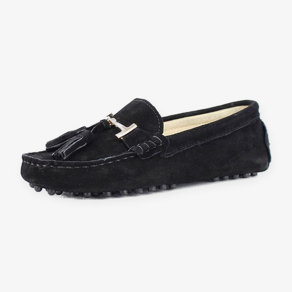 Women's leather tassel loafer with gold bit, red heel detail