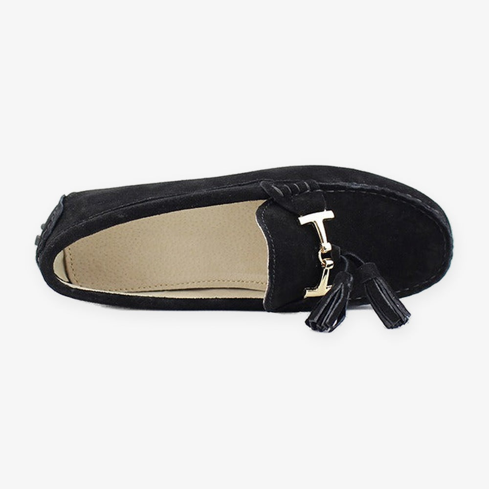 Women's leather tassel loafer with gold bit, dark gray toe detail