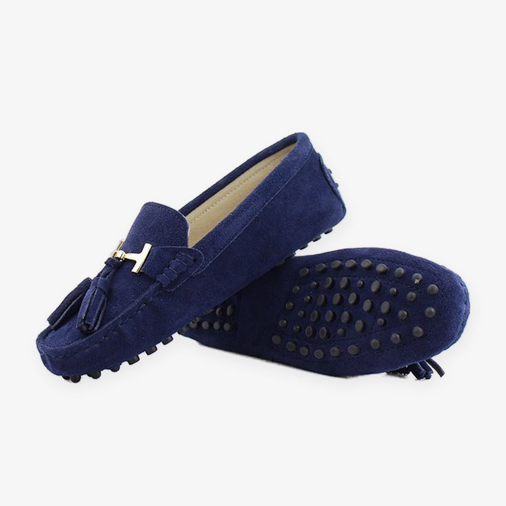 Women's leather tassel loafer with gold bit, royal blue flat lay