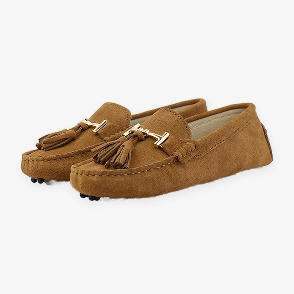 Women's leather tassel loafer with gold bit, black profile view