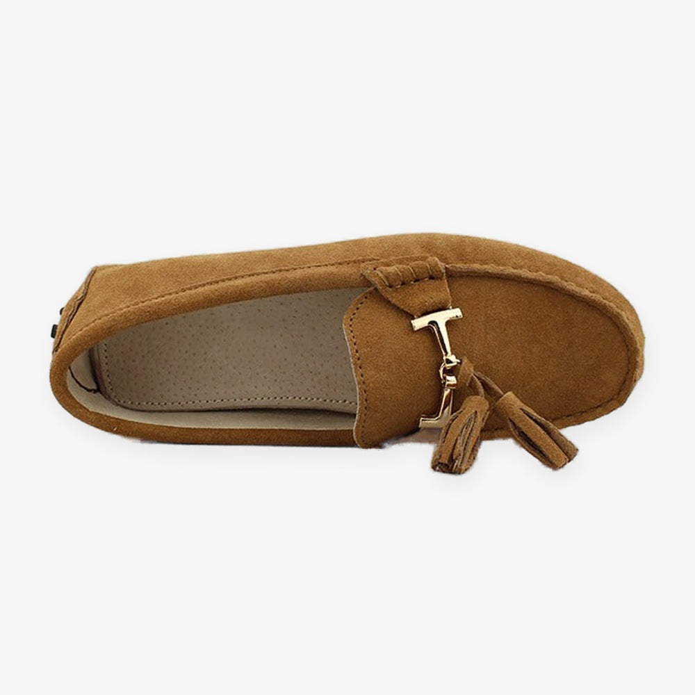 Women's leather tassel loafer with gold bit, navy detail of the finish