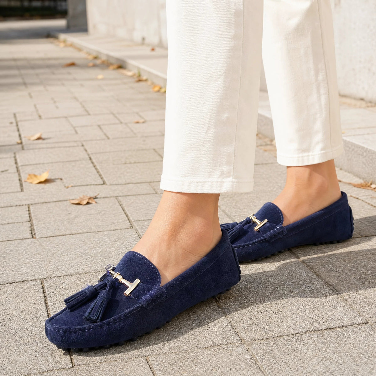 Women's leather tassel loafer with gold bit, camel top view Image