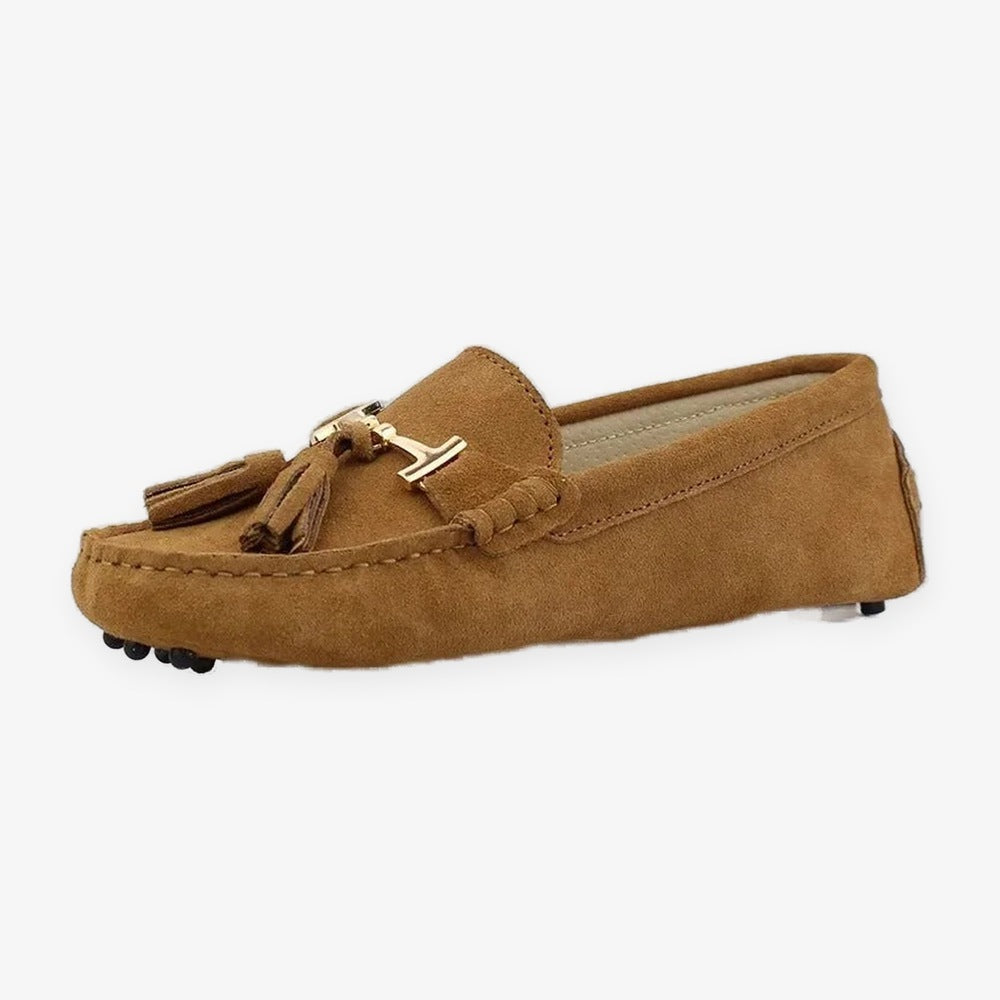 Women's leather tassel loafer with gold bit, light gray pair seen from above