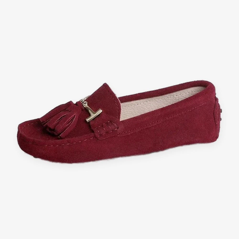 Women's leather tassel loafer with gold bit, royal blue detail of the upper