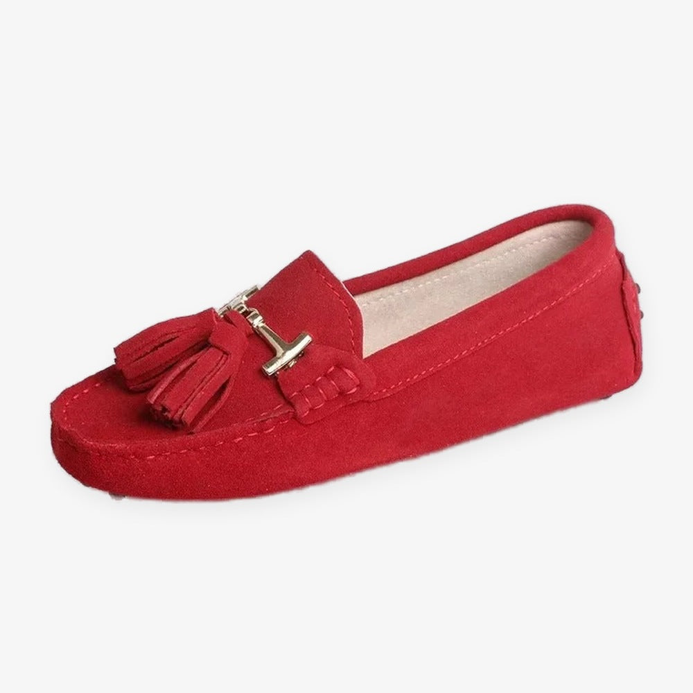 Women's leather tassel loafer with gold bit, black inner view