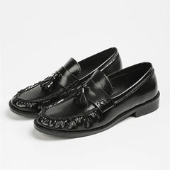 Women's Tassel Loafers with Fringe and Glossy Finish, Black