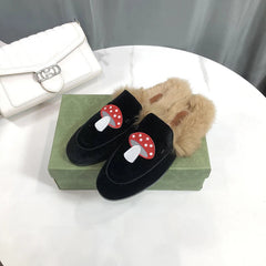Women's Warm Lined Mules with Mushroom Pattern, Black Velvet