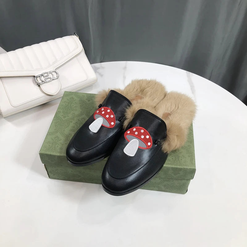 Women's warm lined mule with red mushroom pattern in black leather