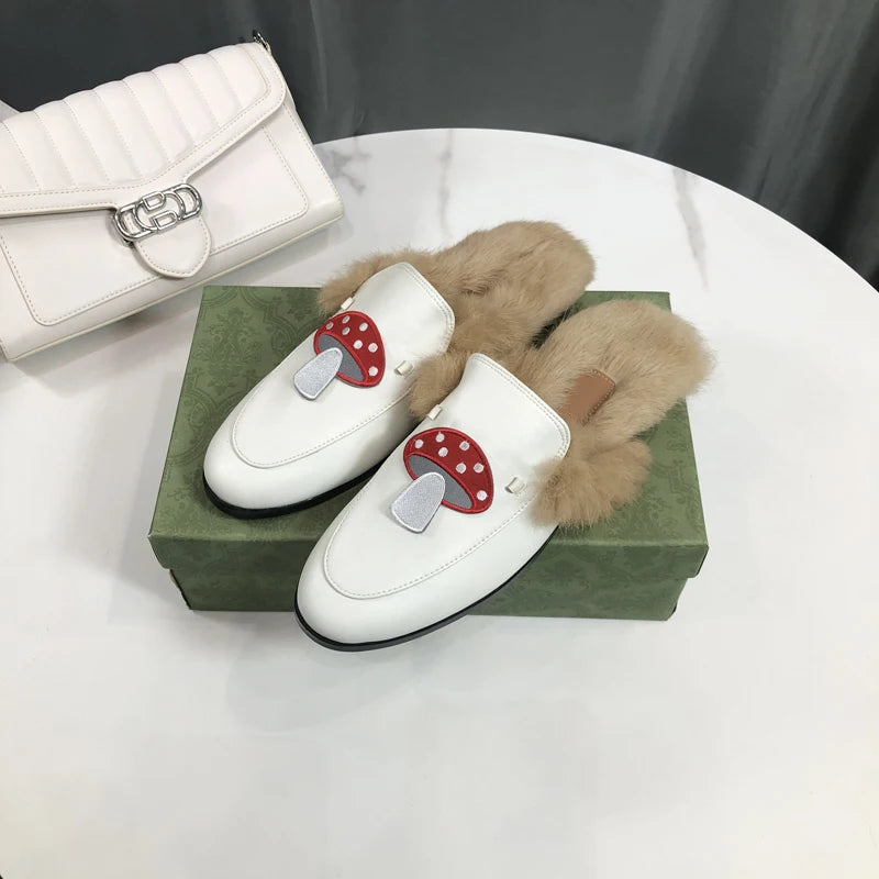 Women's warm lined mule with red mushroom pattern in white leather