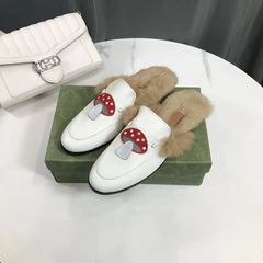 Women's Warm Lined Mules with Mushroom Pattern, White Leather