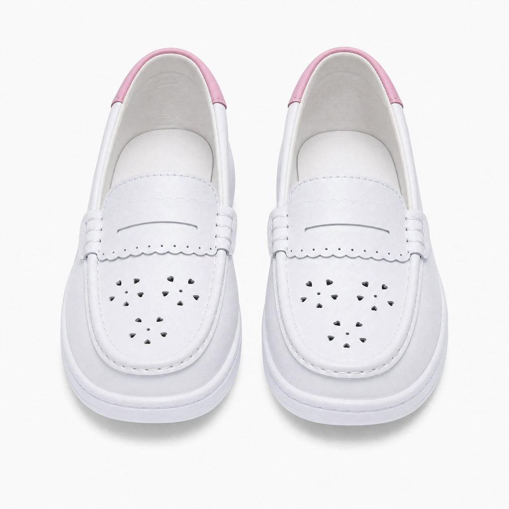 Women's white perforated leather platform loafers, side view