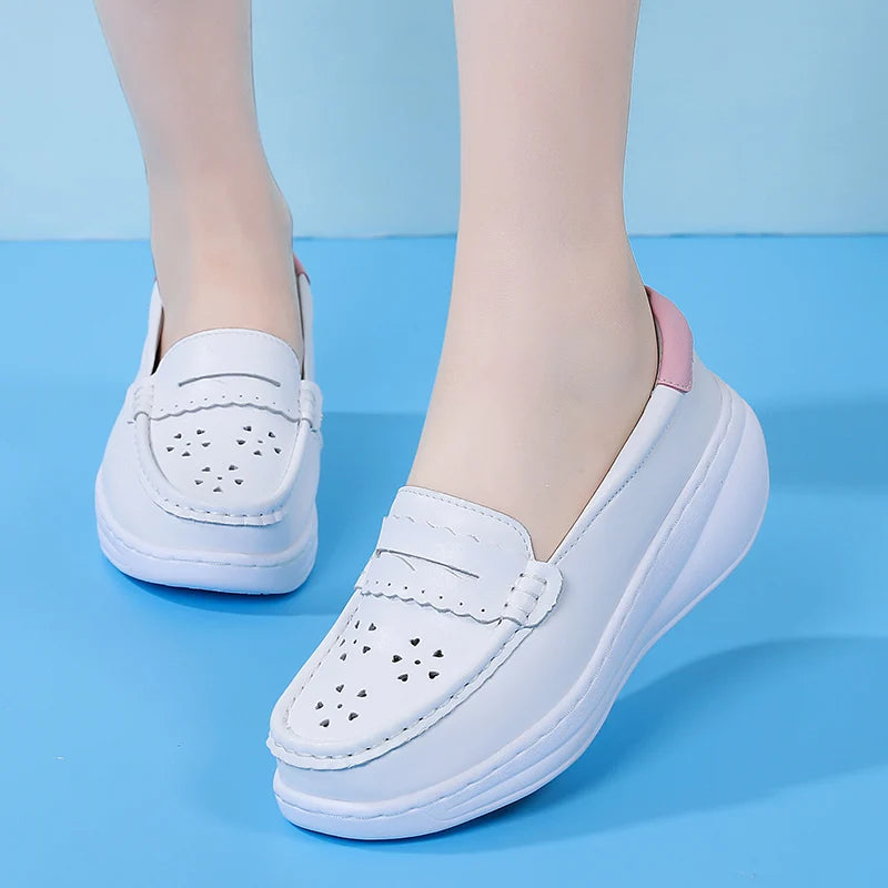 White perforated leather platform loafer