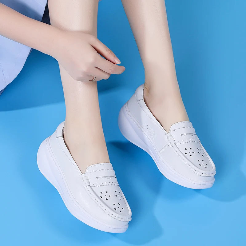 White platform loafer with pink heel