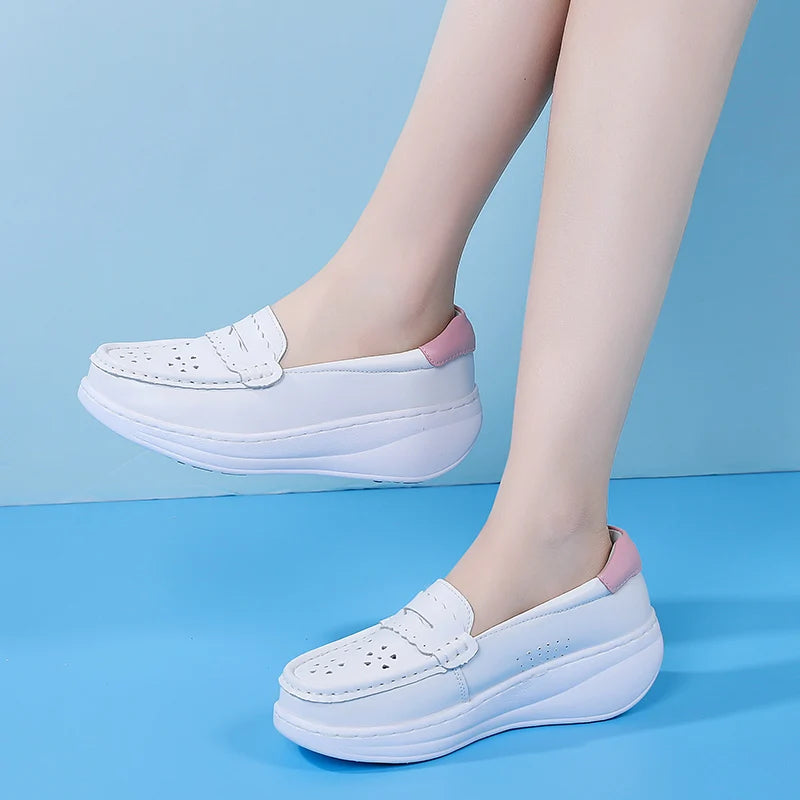 White leather platform loafer, top view