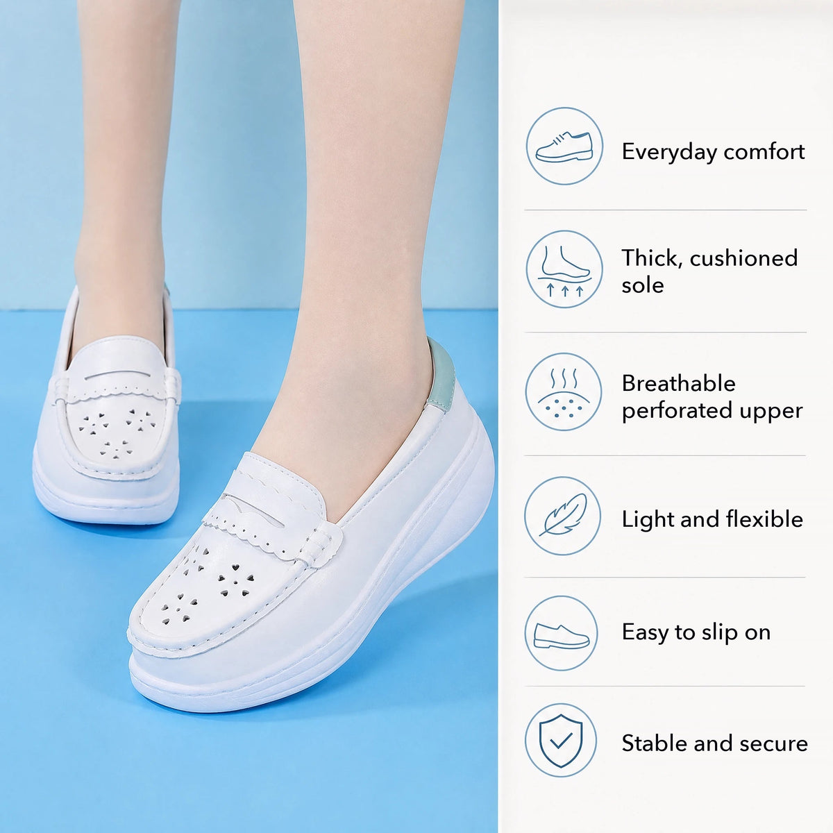 Heart-shaped cutout detail on white loafer Image
