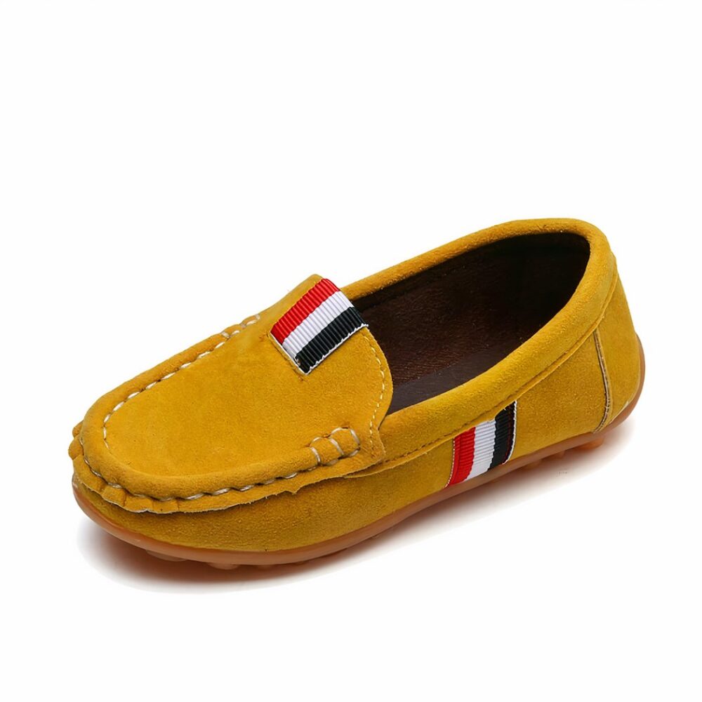 Boys' soft yellow slip-on moccasins.
