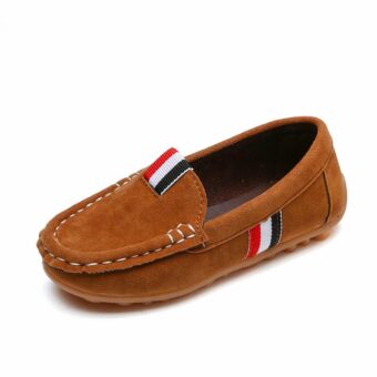 Brown suede loafer with French flag tongue on white background