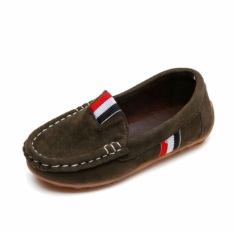 Soft green slip-on moccasins for boys.