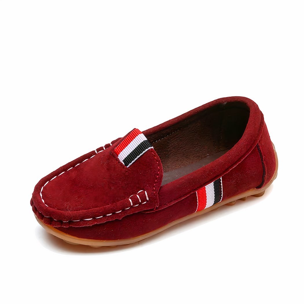 Red slip-on moccasins for boys.