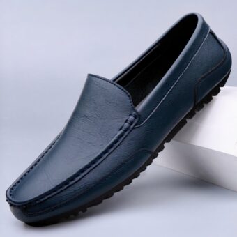 blue leather moccasin on a ledge