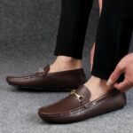 brown men's leather moccasin