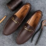 brown men's leather moccasin