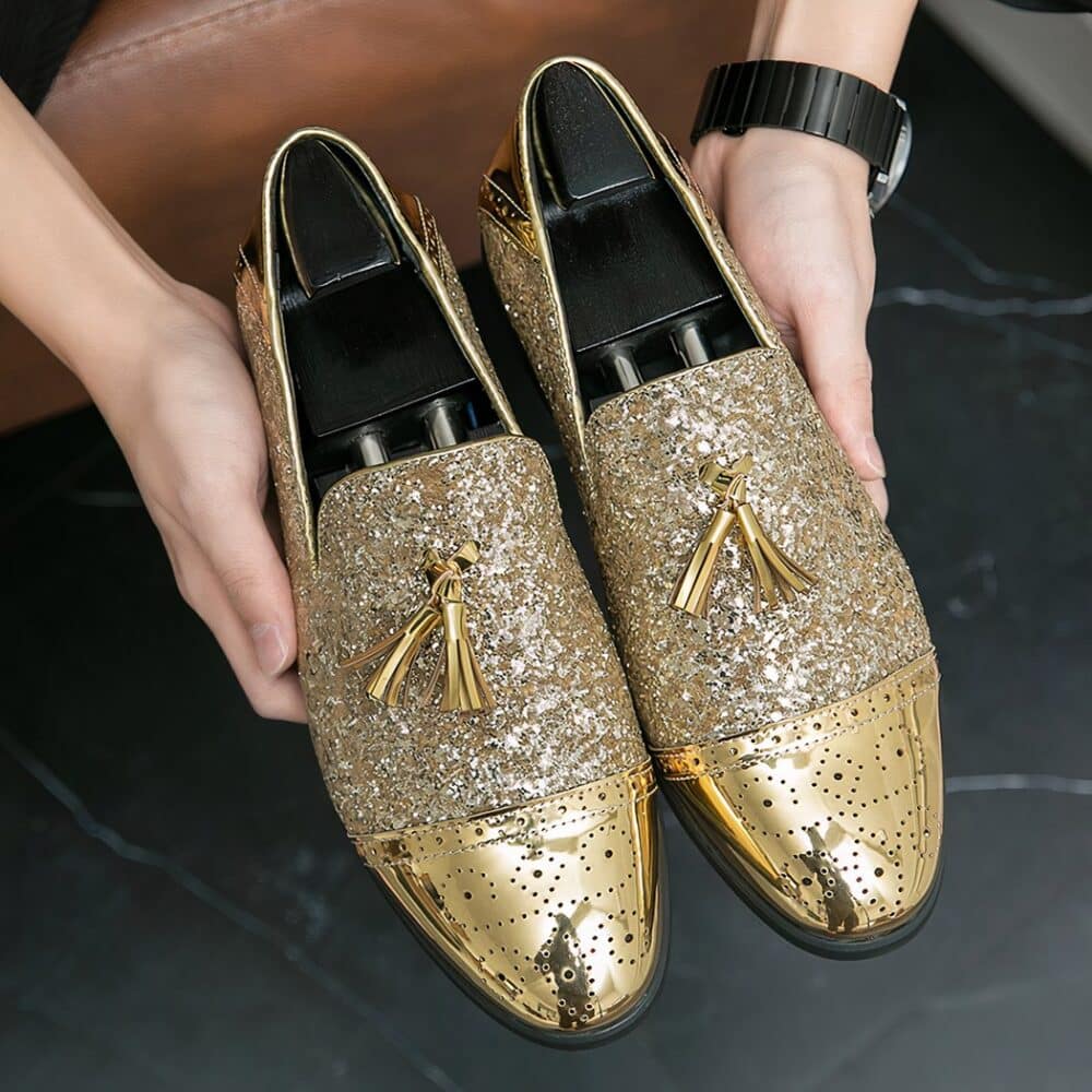 Gold patent and glitter evening loafers - Image 2