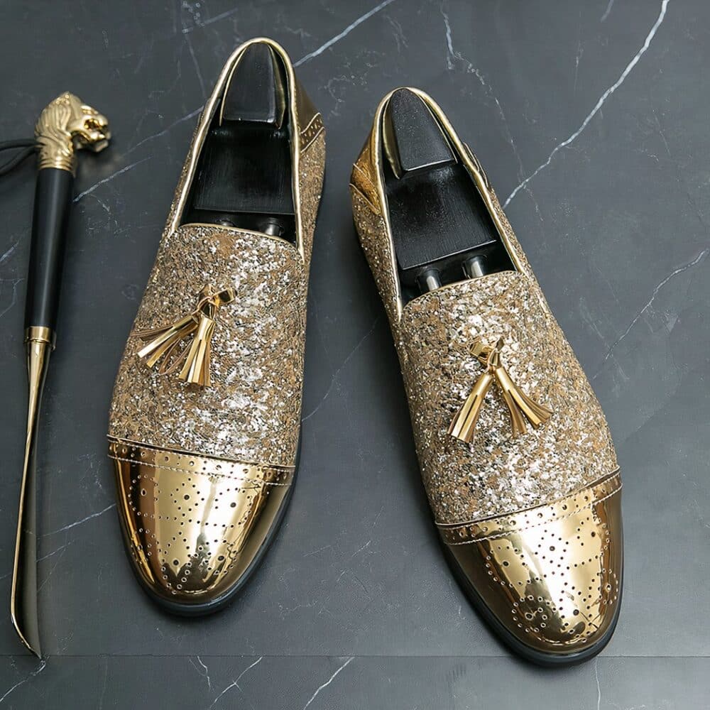 Gold patent and glitter evening loafers - Image 4