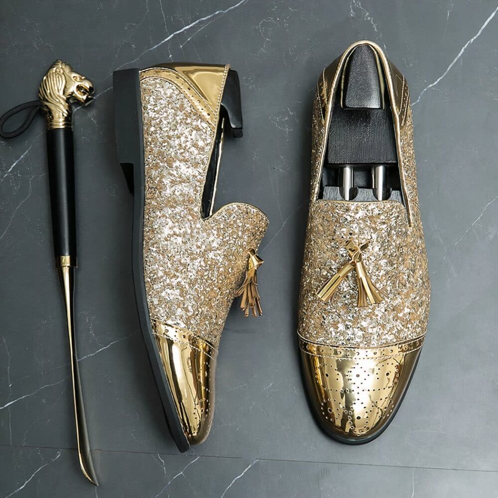 Gold patent and glitter evening loafers - Image 3