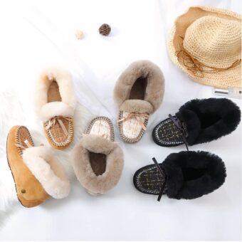 Photo of different pairs of Indian moccasins with tweed on top of the foot, in different colors.