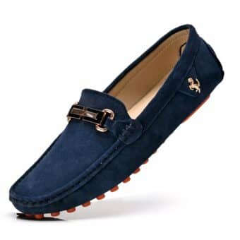 Blue loafer in profile with gold buckle on front