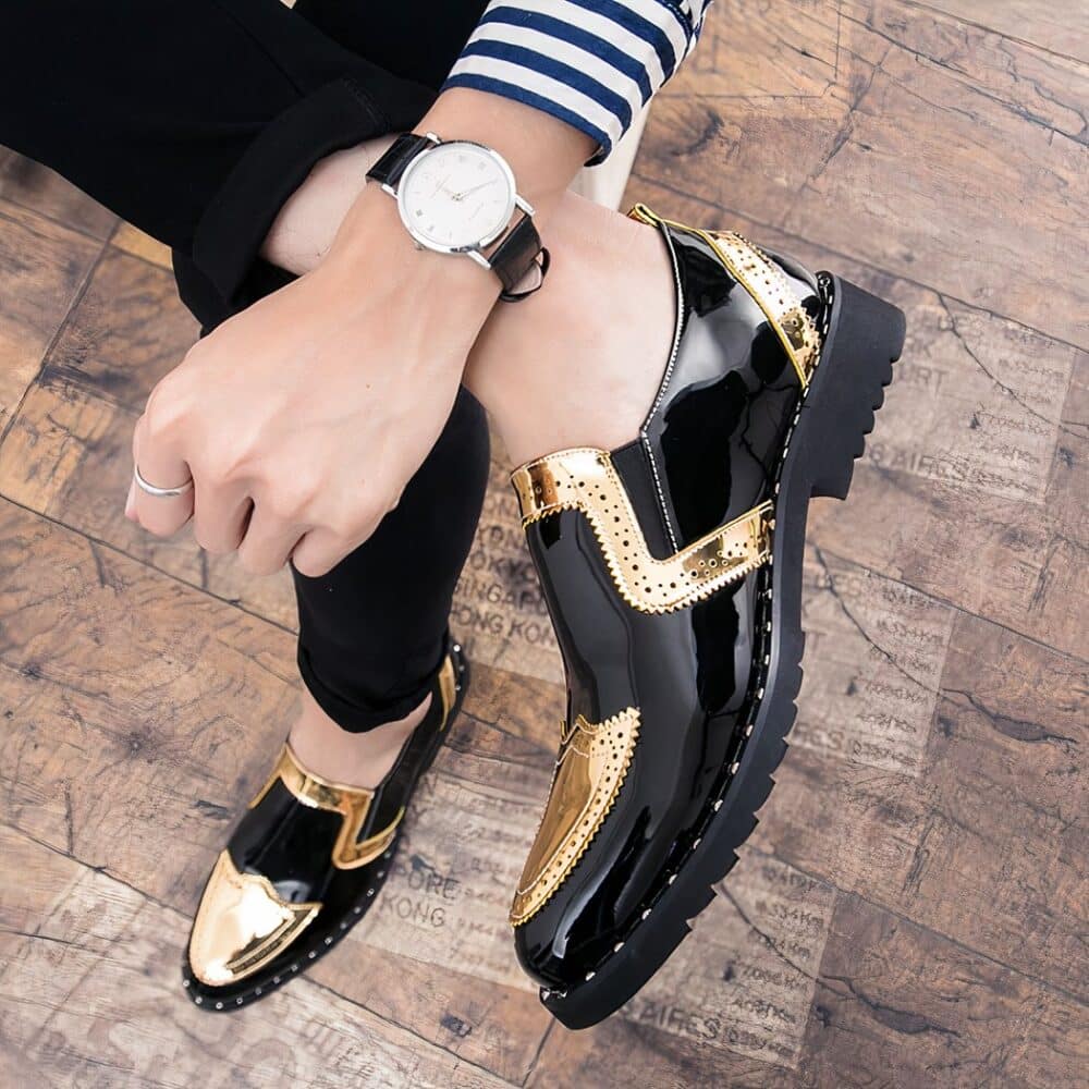 Men's black and gold patent loafers - Image 3