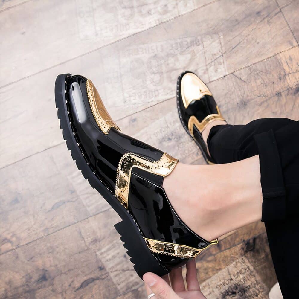 Men's black and gold patent loafers - Image 2