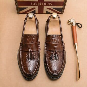 Brown tassel loafers on beige ground with a gold-colored shoe next to it