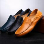 brown, black and blue moccasin for men