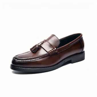 Brown tassel loafers on white background