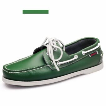 Photo of a green boat moccasin on a white background