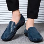 blue leather moccasin