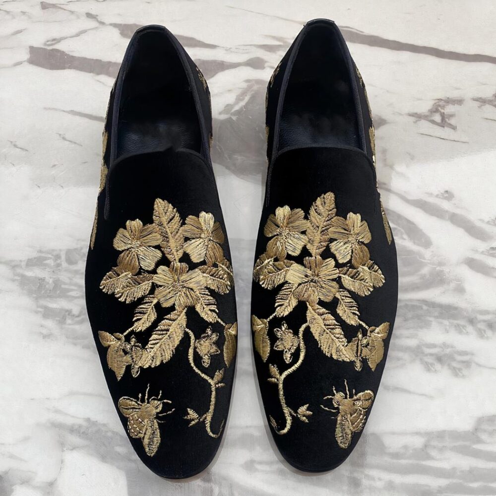 Black velvet loafers with gold floral embroidery - Image 5